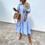 Maxi Shirt Dress Puff Half Sleeve Printed Girls Party Dresses Vestido Ruffles Stand Collar Button Summer Dresses