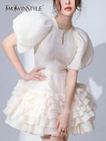 Elegant Summer Dress For Women Round Neck Puff Sleeve High Waist Ruched Mini Dresses Female Fashion Clothing