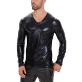 Toloer Men's Soft Lacquer Leather T-Shirt V Neck Long Sleeve Bright Leather Coat No Odor Size Accurate-Outfit