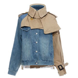Women's Denim Windbreak Patchwork Contrast Color Stand Collar Loose Split Epaulet Jacket 2024 Summer New Fashion 1B093-Outfit