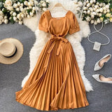Vintage Square Collar Pleated Dress Women Spring Summer 2021 New Fashion Yellow/Blue/Red High Waist Bandage Party Vestidos