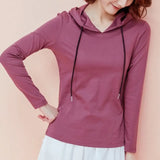 Women's Spring Autumn Solid Drawstring Bandage Hooded Long Sleeved T-shirt Undershirt Fashion Casual Loose Office Lady Tops-Outfit