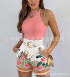New Women's Summer Independent Station Impact Color Printed Shorts Vest Set-Belt-Outfit