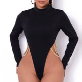 Metal Chain Bodycon Bodysuit O Neck Long Sleeve Solid Black Women Autumn Fashion Sexy Slim Female Jumpsuits