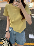 Irregular T-shirt Women Summer Skinny T Shirt Femme Solid Short Sleeve Korean Kpop Slim O-Neck Tshirt Woman Clothes Top-Outfit