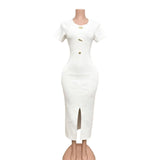 Body-Stupling Short-Sleeved Bag Hip Dress Gold Metal Buckle Open-Fork Solid Color