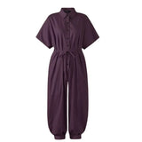 Leopard Print Jumpsuit Retro Summer Short Sleeve Lace-Up Playsuit Overalls Casual Button V-Neck Pocket Romper Bodysuit