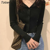 Green Thin Knitting Cardigan Women Spring Summer Button Up Long Sleeve Cropped Top Woman Round Neck Solid Color