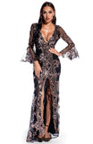Occassional Sequin Front Slit V-Neck Long Dress with Wide