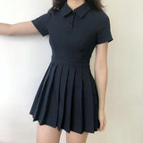 Short Sleeved Navy Dress 2023 New Summer Pleated Short Dresses Slim High Waist Fashion Folds Casual Dress for