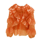 Straight Cut Out Shirt For Women Round Neck Long Sleeve Ruffle Trim Solid Blouses Female Clothing Style New