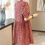 Lady Flowers Printed Elegant V-Neck Casual Dresses Women's Stylish Puff Sleeve Single-breasted Summer A-Line Midi