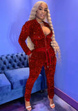Sexy Sequins Zipper Long Sleeve Top And Pant Two Piece