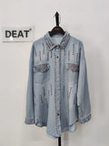 Women's Denim Shirt Loose Double Pockets Colorful Crystal Beading Single Breasted Blouse 2024 Summer New Fashion 29L1839-Outfit