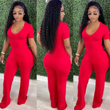 Fall Streetwear Black Pink One Piece Outfit Jumpsuit Women Short Sleeve V Neck Jumpsuits Wide Leg Fashion Bodycon