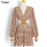Autum Women Floral Printed Beachwear Dress Sexy Deep V Neck Sexy Cut Out Dress Slim Button Patchwork Party Elegant