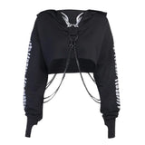 Goth Metal Chain Print Cropped Black Fashion Goth Hoodie Women 2022 Punk Techwear O-Neck Reflective Tops Emo Autumn