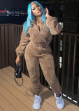 Casual Fleece Zipper Long Sleeve Top And Pant 2 Piece