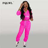 2 Piece Set Women Pink Outfits Zipper Long Sleeve Two Piece Set Crop Top and Pants Suit Tracksuit Women Matching Sets