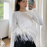 Casual Plain T Shirt For Women Round Neck Loose Long Sleeve Patchwork Feathers Pullovers Female 2022 Spring