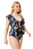 High-Leg Plunge Neck Floral Print Ruffles Plus Size One Piece