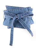 Women Denim Belt Wide Mid Waist Bicyclic Patchwork Lace Up Solid Color Slim Bow Removable Waistband 2024 Summer New Fashion-Outfit