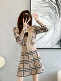 V-Neck Plaid Short Knitted Cardigan + High Waist Mini Skirts Two-Piece Female Fashion Sweet Suit Korean Autumn 2023