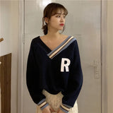 Women Loose Tops Slouchy Style WinterWarm Sweatshirts V-Neck Long Sleeve Pullover Girls Patchwork Clothes Blouse