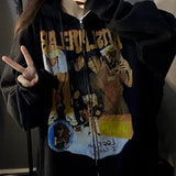 HOUZHOU Grunge Vintage Print Black Oversize Women Hoodies Gothic Streetwear Zipper Hooded Sweatshirts Female Winter Fleece