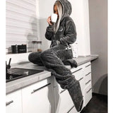 Women Flannel Long Sleeve Jump Suits for Woman Homewear Pajamas Romers Solid Color Ladies Hooded Jumpsuits