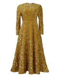 New Women's Round-Necked Long-Sleeved Solid-Colored Bright-Waisted High-Rise Dress Dress