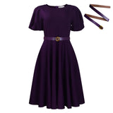 Women's 2025 Summer Fashion Bubble Sleeve Elegant High- Waist Solid Colored Round Dress African