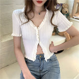 Style Summer Casual Short Sleeve Ruffles Cardigan Women Open Buttons V neck Cropped Sweater Sueters De