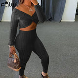 Winter Casual Two 2 Piece Sets Tracksuit Sweatsuits For Women V Neck Crop Top Skinny Pants Suits Knitting Matching