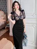 Women Evening Dress Chic Black See Through Sexy V-Neck Folds Slim Midi Party Club Gown Birthday Robe Femme Mujer