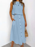 Casual White Solid Women Skirt Set Sleeveless Crop Tops And Button Pockets Long Skirts Ladies Suit Summer Beach Style