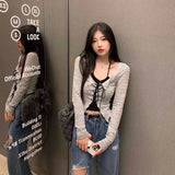 Womens 2Pcs Y2K Long Sleeve Front Cross Tie-Up O-Neck T-Shirts Set with Solid Color Halter Sleeveless Tank Camis Tops-Outfit
