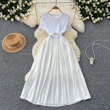 Summer Senior Round-Neck Short-Sleeved Dress, Tie, Waist Splicing, Elegant Large Hem