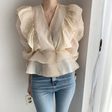 Ruffled Deep V-neck Silk Shirt Fashion Female Vintage Slimming Chiffon Blouse Solid Sweet Flare Sleeve Woman's Shirt