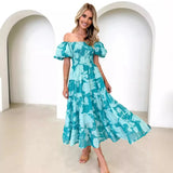 Summer Women's Uniform Collar Chiffon Bubble Sleeve Layered Print