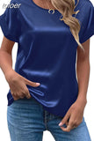 Summer Tops Woman Short Sleeve Silk Blouse Loose Casual O-Neck Solid Shirts Fashion Satin Clothing Elegant