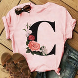 Letter Alphabet A-Z Women T-Shirts Fashion Breathable Flowers Short Sleeve Casual Tops Couple Basic Tee Crew Neck Clothes