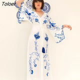 Embroidered Women Maxi Dress V-Neck Batwing Sleeve Loose Oversize Summer Dresses Drawstring Waist Boho Beach