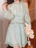 Glitter Sweet Dress Women Designer Sashes Chic Mini Dress Female Korean Fashion Ruffle Flounce Elegant Party Dresses