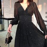 Elegant Dress Women Autumn Sequin Party Midi Dress Female Casual Chiffon Slim Korean Dress 2022 Autumn Women's