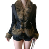 Autumn New Street Style Y2K Retro Wool Collar Splicing Leather Buckle Waist Jacket Casual