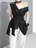 Slim Irregular Shirt For Women V Neck Sleeveless Solid Minimalist Blouses Female Summer Clothing Style New