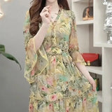 V-Neck Broken Flowers Dresses Summer Vintage Butterfly Sleeve Female Clothing Fashion Ruffles Spliced A-Line Long