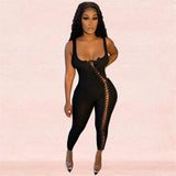 Bodycon Jumpsuits Women Summer 2021 Sleeveless Hollow Out Fitness One Piece Outfits Black Casual Bandage Jumpsuit