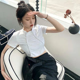 Korean Fashion Irregular Crop Tops Grunge Japanese Designer Clothes Patchwork Sexy Slim Short Sleeve Tee Shirts